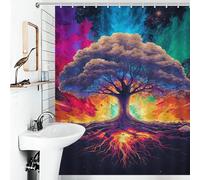 RRTYVFD - Cortina de ducha de tela 100% poliéster resistente al moho, diseño de árbol de la vida en armonía cósmica, con ganchos, para baño o dormitorio, 143 x 180 cm (56,30 x 70,87 pulgadas)