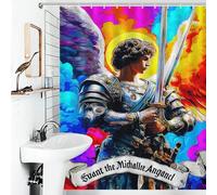 RRTYVFD Cortina de ducha hecha de poliéster grueso y resistente, con diseño del Arcángel Miguel Ángel Guardián, resistente al moho, 143 x 180 cm.