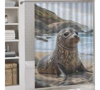 RRTYVFD Cortinas de ducha de baño Harbor Seal Pup on The Beach, con ganchos, tela impermeable, hilarante, para remolque de viaje, 163 x 180 cm