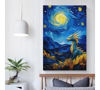 RRTYVFD Dragón bajo una noche estrellada, obra de arte para paredes del hogar, decoración de baño, arte de pared gris, 20 x 30 cm