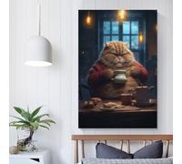 RRTYVFD Imágenes divertidas de gato gordo bebiendo café para pasillo, dormitorio, oficina, baño, decoración de pared, 20 x 30 cm