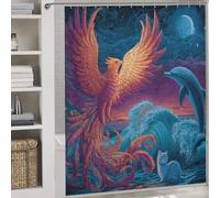 RRTYVFD Juego de cortina de ducha con diseño de fénix, delfín y gato en un paisaje marino místico, resistente al moho, incluye 12 ganchos, 177 x 180 cm