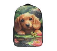 RRTYVFD Mochila escolar para niños, diseño de loro de la selva, con impresión 3D, de alta capacidad, para viajes, a la moda, mochila escolar para niños, Puppy and Frog in Lily Pond, 17"