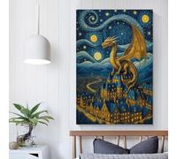 RRTYVFD Obra de arte estrellada de dragón de Van Gogh para paredes del hogar, decoración de baño, arte de pared gris de 50 x 75 cm.