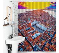 RRTYVFD Venecia desde arriba vista aérea de San Marcos, cortina de ducha cuadrada impermeable, 100% poliéster, tela moderna, juego de decoración de baño con ganchos, 136 x 180 cm