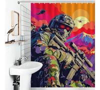 RRTYVFD Warriors at Sunset A Tactical Epic - Cortinas de ducha a prueba de moho con ganchos, tela impermeable moderna de poliéster repelente al agua para bañera, cabina de ducha, 136 x 180 cm