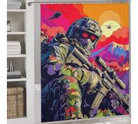 RRTYVFD Warriors at Sunset A Tactical Epic - Cortinas de ducha a prueba de moho con ganchos, tela impermeable, cortinas decorativas para baño con ganchos, 177 x 180 cm