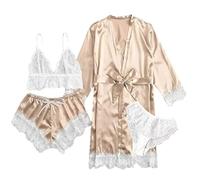 RRYPBOVG Pijama Saten Mujer Conjunto de Pijama de satén de Seda for Mujer, lencería de Encaje, Ropa de Dormir con Bata, camisón Largo Sexy, camisón con Cuello en V, 4 Uds.(Skin,L)