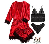 RRYPBOVG Pijama Saten Mujer Conjunto de Pijamas de satén de Seda for Mujer, lencería de 4 Piezas, Ropa de Dormir de Encaje Floral con Bata, camisón Largo(Red,XS)