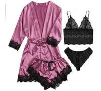 RRYPBOVG Pijama Saten Mujer Conjunto de Pijamas de satén de Seda for Mujer, lencería de 4 Piezas, Ropa de Dormir de Encaje Floral con Bata, camisón Largo(Purple,XL)