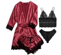 RRYPBOVG Pijama Saten Mujer Conjunto de Pijamas de satén de Seda for Mujer, lencería de 4 Piezas, Ropa de Dormir de Encaje Floral con Bata, camisón Largo(Red-1,XL)