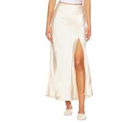 RSBFK Elegante falda midi acampanada de seda satinada de cintura alta con abertura lateral para cóctel, fiesta, boda, beige, M