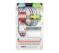 RSE Caja de fusibles con cable para empotrar con pared hueca con distribuidor vacío Hager, 3 filas VA36CN, 1 FI de 4 pines + 12 LS B16A, con protección contra sobretensiones