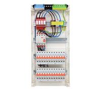 RSE Caja de fusibles con cable para empotrar con pared hueca con distribuidor vacío Hager, 4 filas VA48CN, 1 FI de 4 pines + 24 LS B16A, con protección contra sobretensiones