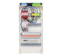 RSE Caja de fusibles con cable para empotrar con pared hueca con distribuidor vacío Hager, 4 filas VA48CN, 1 FI de 4 pines. + 1 x 3 polos + 9 x 1 pol LS B16A, con protección contra sobretensiones