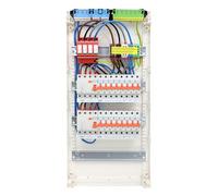 RSE Caja de fusibles con cable para empotrar con pared hueca con distribuidor vacío Hager, 4 filas VA48CN, 2 x FI 4 pines + 16 x LS B16A, con protección contra sobretensiones