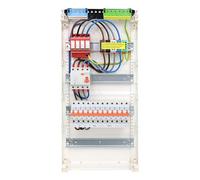 RSE Caja de fusibles con cable para empotrar con pared hueca con distribuidor vacío Hager, 4 filas VA48CN, 1 FI de 4 pines + 12 LS B16A, con protección contra sobretensiones