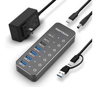 RSHTECH Concentrador USB 3.2/USB C de 7 Puertos con 10 Gbps USB-A 3.2, 2 Puertos USB-C 3.2, 4 Puertos USB 3.0, interruptores táctiles Individuales, Cable de 3,3 pies y Adaptador de alimentación de 5