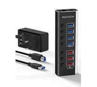 RSHTECH Hub USB activo 3.0 de aluminio con 36 W (12 V/3 A) fuente de alimentación de 7 puertos USB 3.0 Hub con carga rápida (4 puertos USB 3.0, 3 conexiones de carga rápida) con interruptor individual