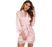 RSLOVE Albornoz de satén para mujer Bata de seda para novia/dama de honor Kimono con adornos de encaje Rosa XX-Large