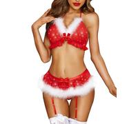 RSLOVE Conjunto de lencería navideña para Mujer con Liguero, Sexy, Papá Noel, Babydoll, Osito, 4 Piezas, Brasier y Bragas con Sombrero, Rojo, XXL