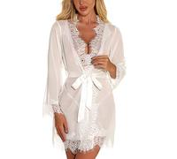RSLOVE Las mujeres de encaje Kimono Bata Sexy Lencería Babydoll Camisón Malla Camisón Kimono Transparente Chemise Blanco Large