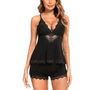 RSLOVE Womens Sexy Conjunto de Pijama Camisola de Encaje y Pantalones Cortos Cuello en V Ropa de Dormir de Modal Negro X-Large