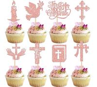 Rsstarxi Paquete de 24 adornos para cupcakes de primera comunión, paloma con purpurina, Dios bendiga, cruz, para primera comunión, baby shower, bautizo, fiesta temática, decoración de pasteles, oro