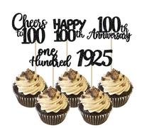 Rsstarxi Paquete de 30 adornos para cupcakes de feliz cumpleaños número 100 con purpurina de cien desde 1923 saludos a 100 años de antigüedad para cupcakes para cumpleaños de feliz cumpleaños número 100 aniversario, fiesta, suministros de decoración de pasteles, color negro