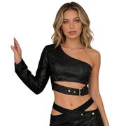 Rswnyirn Camiseta gótica de manga larga para mujer, con un hombro, piel sintética, sin vientre, Y2K, ropa de fiesta, rave, club, ropa de calle, Negro , S