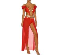 Rswnyirn Disfraz de mujer egipcia para danza del vientre, vestido largo de lentejuelas, vestido largo con abertura, fiesta temática, disfraz de carnaval, rojo, 3XL