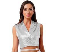 Rswnyirn Top corto sin mangas para mujer, sin mangas, sin mangas, sin vientre, brillante, con cuello de solapa, atuendo de fiesta, plata, L