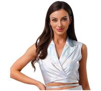 Rswnyirn Top corto sin mangas para mujer, sin mangas, sin mangas, sin vientre, brillante, con cuello de solapa, atuendo de fiesta, Plata holográfica, L