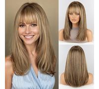 RSY Pelucas de cabello humano de color castaño ceniza de 16 pulgadas para mujer, peluca de cabello lacio con flequillo, realismo natural, pelucas de cabello real