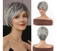 RSY Pelucas de corte Pixie para mujer, mezcla de cabello humano de fibra saludable con color natural, adecuada para pérdida de cabello y cambio de moda (gris)