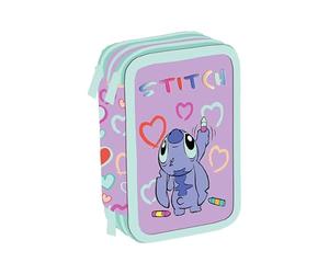 rt | Estuche de tres compartimentos para niño o niña de escuela primaria, estuche completo de 44 piezas de tres cremalleras con portalápices, Stitch, 12 x 6 x 9.5 cm, Estuche 3 cremalleras - 44