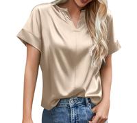rtdgcv Blusa de satén para mujer, elegante, manga corta, túnica básica, monocolor, cuello en V, tops de verano, camisas, blusas de manga corta, blusa de verano, elegante manga corta, caqui, XXL