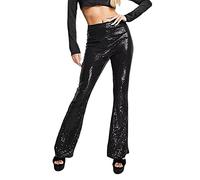 RTGSE Pantalones de pierna ancha con lentejuelas brillantes brillantes y elásticos, cintura suelta, pantalones con purpurina para suelo de campana, leggings de calle 90, Negro , XL