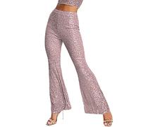 RTGSE Pantalones de pierna ancha con lentejuelas brillantes brillantes y elásticos, cintura suelta, pantalones con purpurina para suelo de campana, leggings de calle 90, Rosa., L
