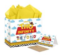 RTMISA Bolsa de regalo de cumpleaños con dos infinitos y más allá con papel de seda y tarjeta de felicitación, historia de dibujos animados, bolsa de regalo de cumpleaños para niños de 2 años