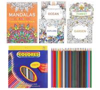 RtottiM Juego de 5 Libros para Colorear para Adultos y 24 Lápices de Colores, Relájate y Libera el Estrés, Alivia la Ansiedad, Jardín y Bosque de Mandalas, Océano, Jardín, Tema de Exploración