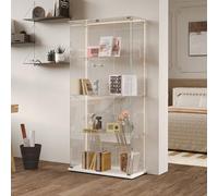 RTYUSWL Vitrina de cristal con iluminación LED en blanco, 163 x 35 x 78,5 cm, moderna vitrina de cristal de madera, 4 capas y 2 puertas, vitrina de cristal, vitrina de pie, para oficina, salón, cocina