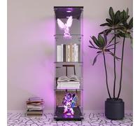 RTYUSWL Vitrina de cristal con luz, 4 capas de cristal y madera, vitrina coleccionable, 1 puerta con LED y cerradura, vitrina de cristal de pie, para salón, color negro