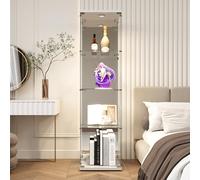 RTYUSWL Vitrina de cristal con luz, 4 capas de cristal y madera, vitrina coleccionable, 1 puerta con LED y cerradura, vitrina de cristal de pie, para salón, color blanco