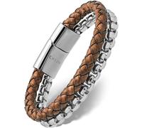 RTZN® Pulsera de cuero marrón para hombre, pulsera artesanal de plata y cuero de primera calidad, pulsera de cuero trenzado marrón y cadena de plata, Small, Medium, Large, Cuero