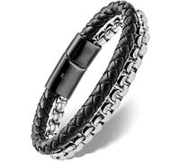 RTZN® Pulsera de cuero negro para hombre, pulsera artesanal de plata y cuero de primera calidad, pulsera apilada de cuero trenzado negro y cadena de plata, Small, Medium, Large, Cuero
