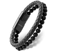 RTZN® Pulsera de cuero negro para hombre, pulsera de cuero trenzado hecha a mano con piedra de ónix negro y cuero trenzado, pulsera de cuero negro apilado y cuentas de ónix, Small, Medium, Large,