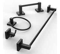 Ruacq Juego de 4 Piezas de Accesorios de baño, Acero Inoxidable Cuadrado Negro Mate y aleación de Zinc, Moderno Montaje en Pared, Barra de Toalla de 18 Pulgadas, Soporte de Papel higiénico, Anillo de