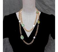 RUAJOGYNVM 11mm Cultured White Coin Pearl 17x22mm Green Chrysoprase Bezel Set Station Long Necklace 50"