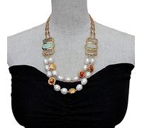 RUAJOGYNVM 21"-22" 2 Strands Cultured White RicePearl Agate Connector Golden Glass Necklace